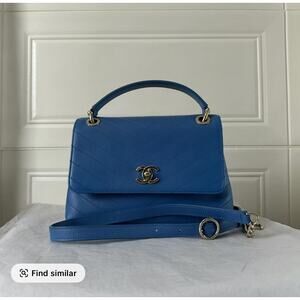 Auth CHANEL Chevron Top Handle Flap Bag Blue Calfskin Gold Crossbody eBay Auth
